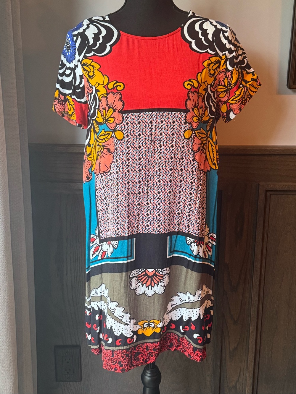 Express Bold Floral Patchwork Mini Dress - Red, Yellow, Blue, Black, Cream